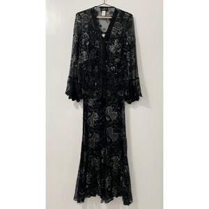 Josh & Jazz Womens Black Silver Sequin Floral Lace Maxi Dress Jacket Set 3/4
